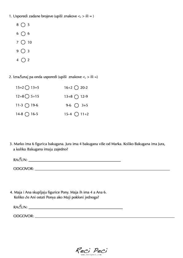 Radni listići iz matematike za 1.razred osnovne škole